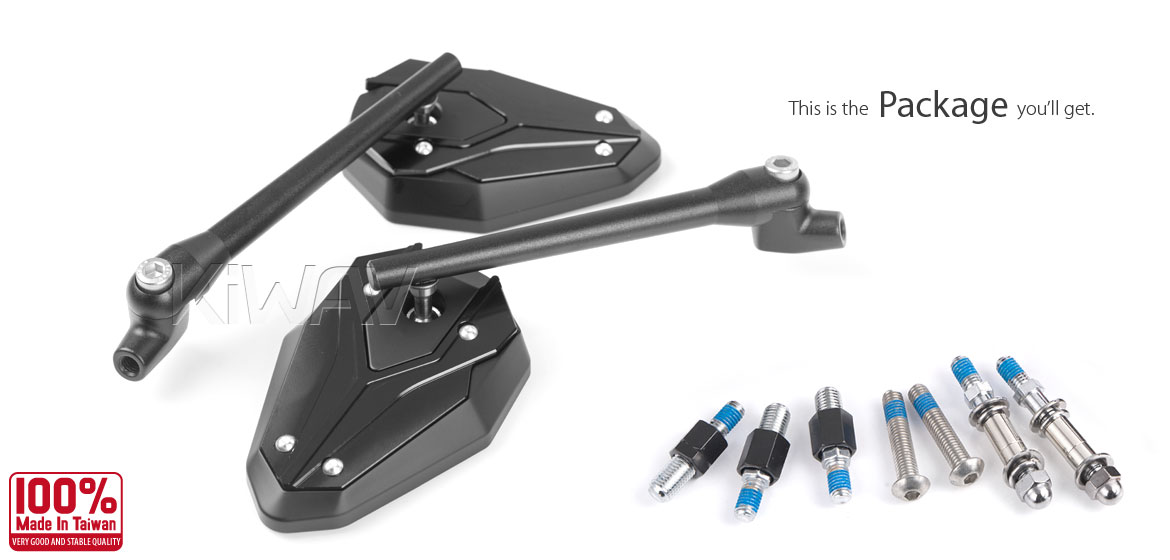 KiWAV ViperII Bblack motorcycle mirrors compatible for 10mm metric and most Harley motorcycles