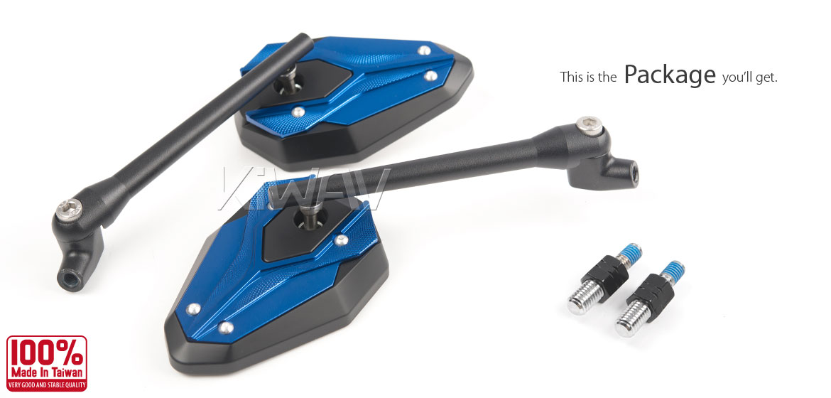 KiWAV ViperII blue motorcycle mirrors compatible for most BMW bikes