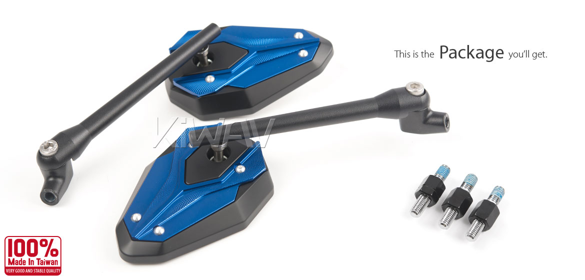 KiWAV ViperII blue motorcycle mirrors fit 8mm mirror thread scooters