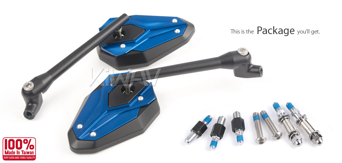 KiWAV ViperII blue motorcycle mirrors universal fit for 10mm mirror thread and Harley Davidson