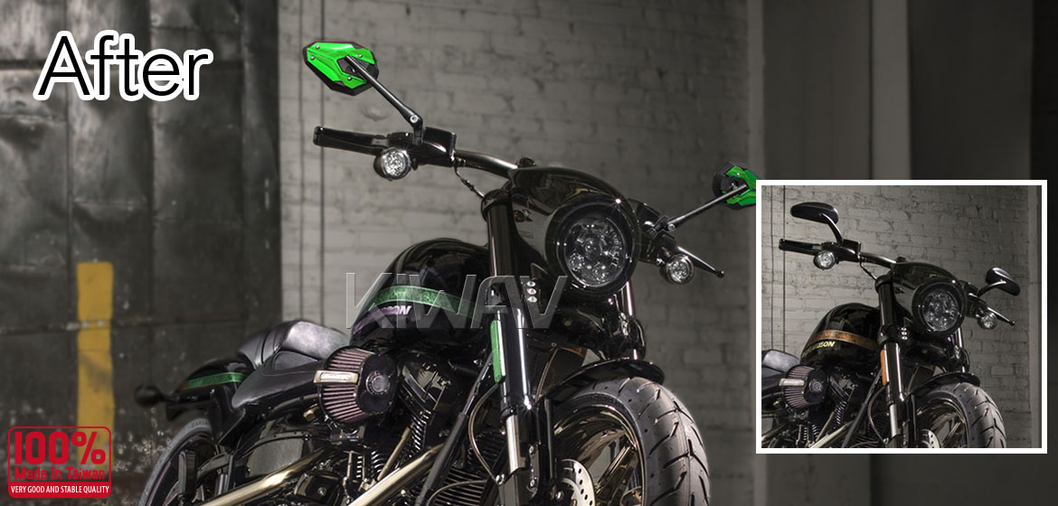 KiWAV ViperII green motorcycle mirrors universal fit for 10mm mirror thread and Harley Davidson