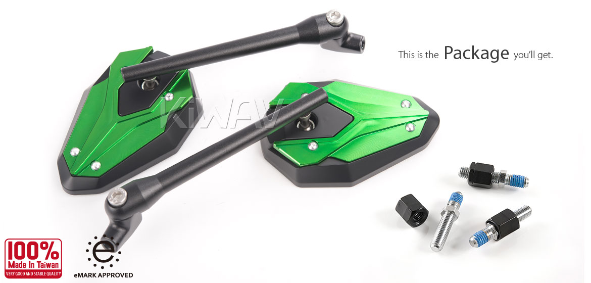 KiWAV ViperII green motorcycle mirrors fit 8mm mirror thread scooters