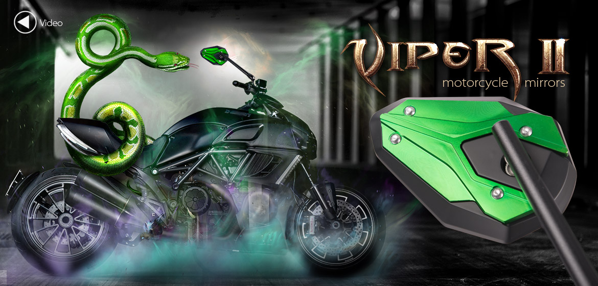 KiWAV ViperII green motorcycle mirrors universal fit for 10mm mirror thread and Harley Davidson