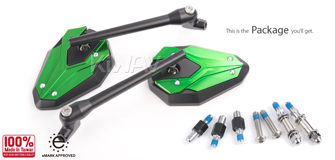 KiWAV ViperII green motorcycle mirrors universal fit for 10mm mirror thread and Harley Davidson