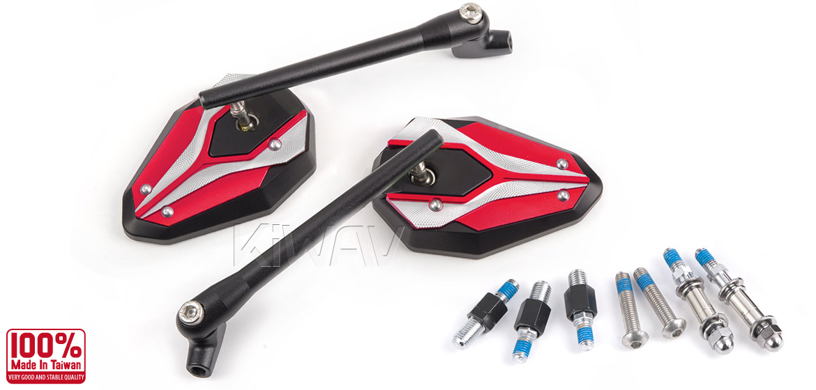 KiWAV ViperII red motorcycle mirrors universal fit