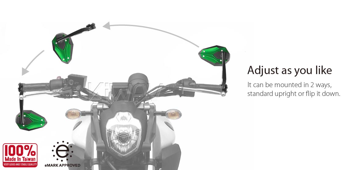 KiWAV motorcycle bar end mirrors ViperII green for 7/8 inch and 1inch hollow end handlebars