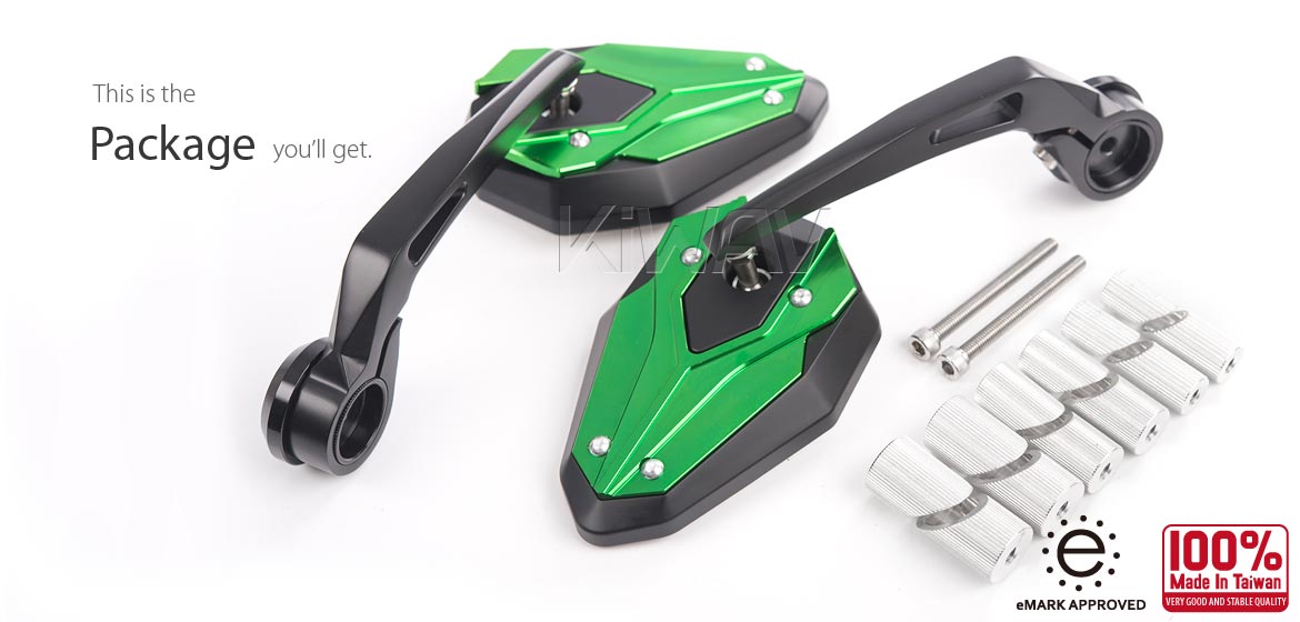 KiWAV motorcycle bar end mirrors ViperII green for 7/8 inch and 1inch hollow end handlebars