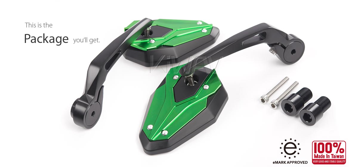 KiWAV motorcycle bar end mirrors ViperII green for Triumph air-cooled models with OEM handlebars