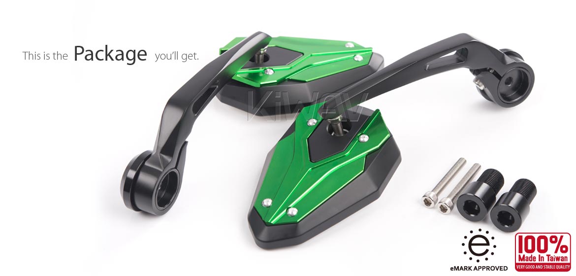 KiWAV motorcycle bar end mirrors with heavy weight ViperII green for Triumph air-cooled models with OEM handlebars
