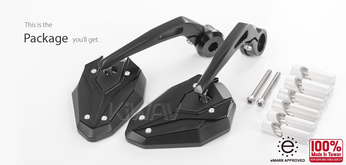 KiWAV motorcycle bar end mirrors ViperII black for 7/8 inch and 1inch hollow end handlebars