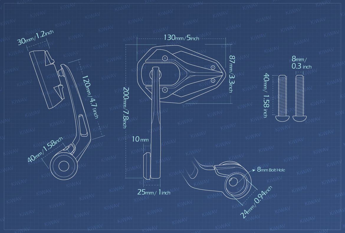Measurement graph of KiWAV Viper2 bar end mirror compatible with BMW M8 threaded handlebar