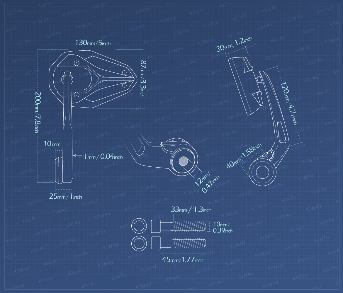 Measurement graph of KiWAV Viper2 bar end mirror compatible with BMW M10 threaded handlebar