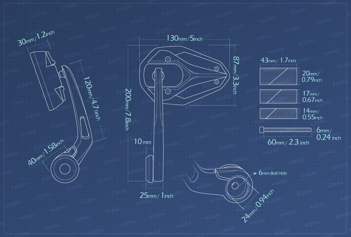 Measurement graph of KiWAV Viper2 bar end mirror for 7/8 inch and 1inch hollow end handlebars