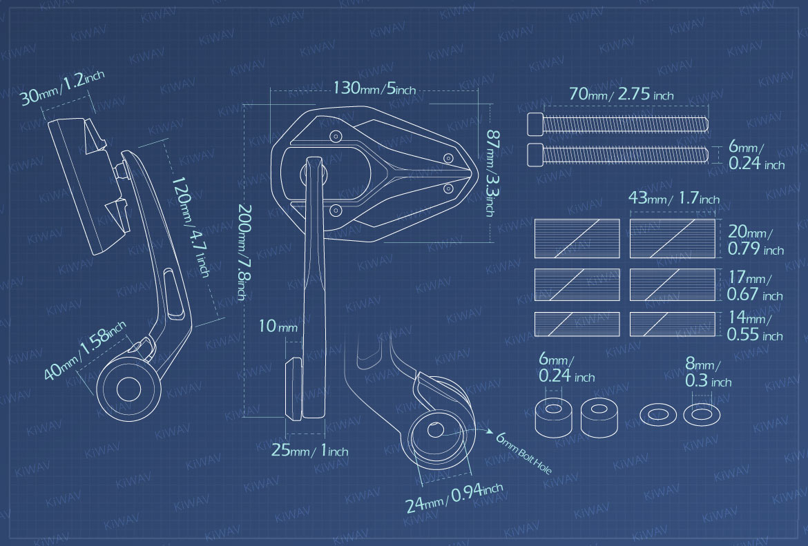 Measurement graph of KiWAV Viper2 bar end mirror compatible for Harley Sportster Dyna Softail XG street
