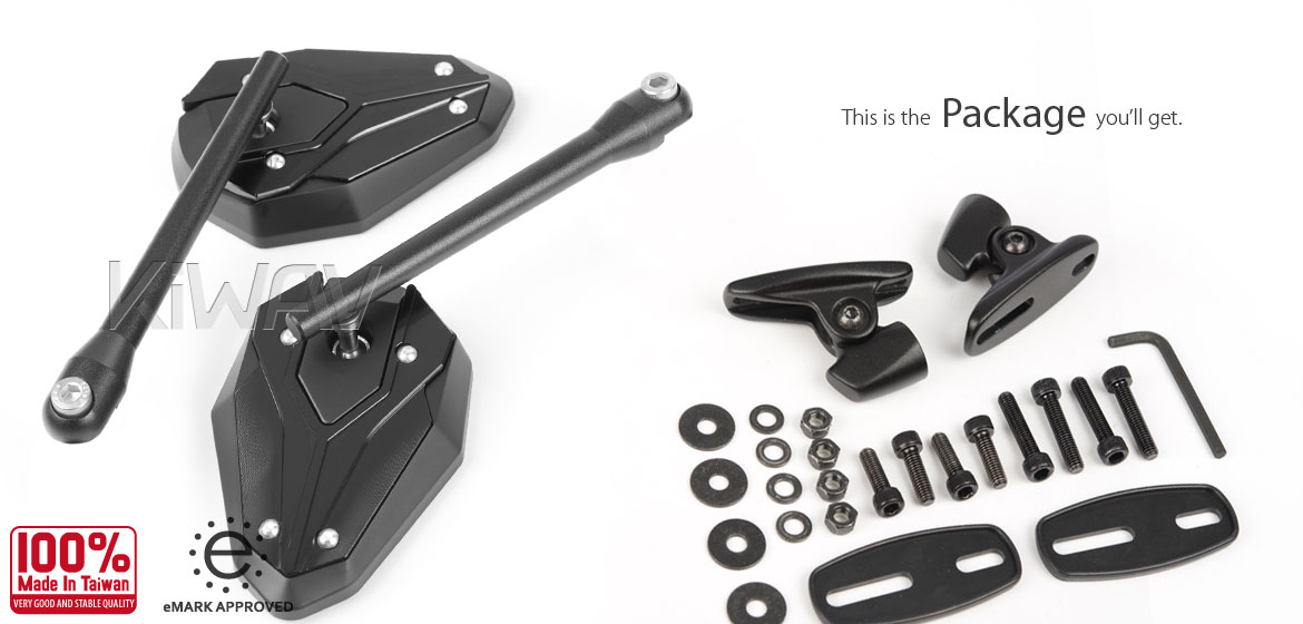 KiWAV motorcycle ViperII Black Sportsbike Mirrors With Black Base for sportsbike