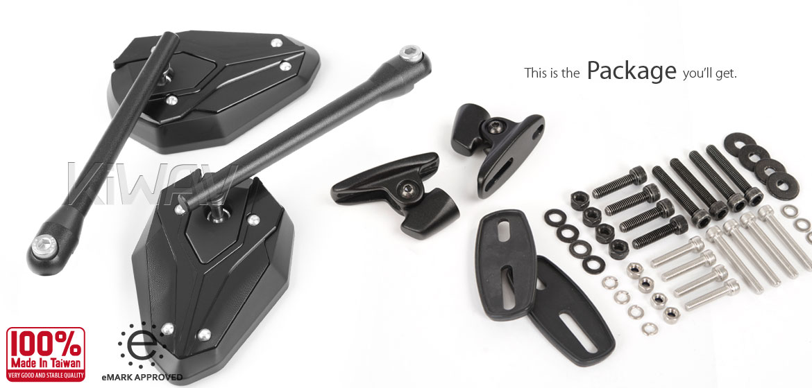 KiWAV motorcycle ViperII Black Sportsbike Mirrors With Black Base for sportsbike