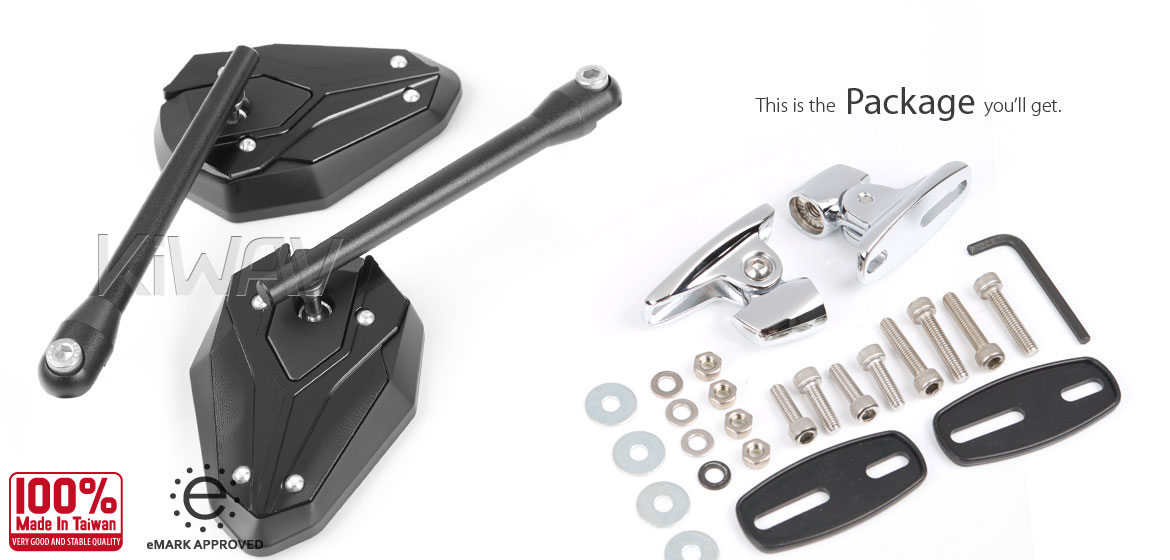 KiWAV motorcycle ViperII Black Sportsbike Mirrors with chrome base for sportsbike