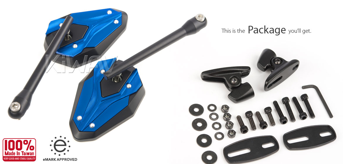 KiWAV motorcycle ViperII blue fairing mount mirrors with black adapter for sportsbike