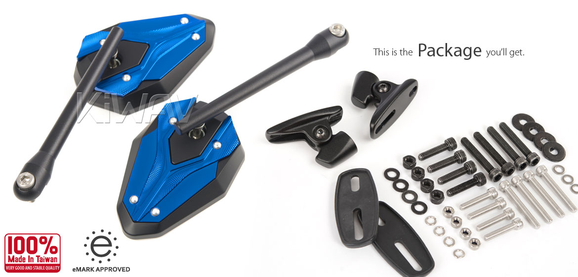 KiWAV motorcycle ViperII blue fairing mount mirrors with black adapter for sportsbike