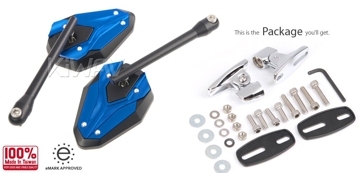 KiWAV motorcycle ViperII blue fairing mount mirrors with chrome adapter for sportsbike