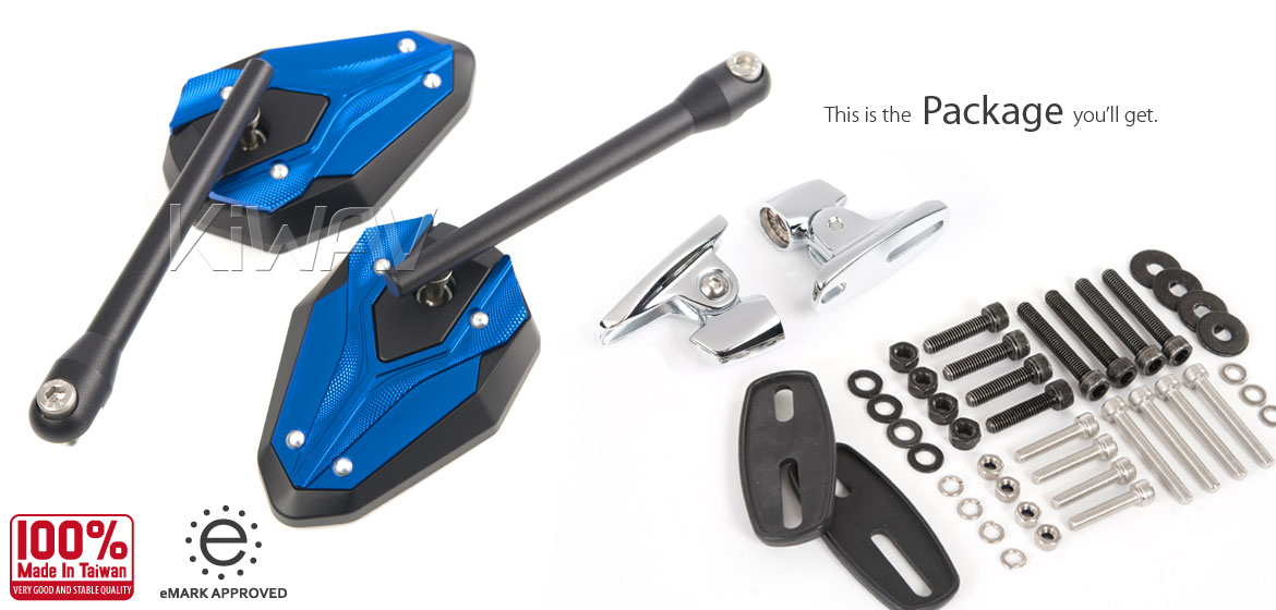 KiWAV motorcycle ViperII blue fairing mount mirrors with chrome adapter for sportsbike