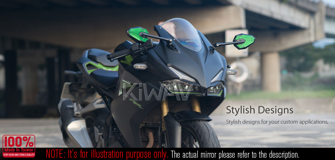 KiWAV motorcycle ViperII green fairing mount mirrors with black adapter for sportsbike