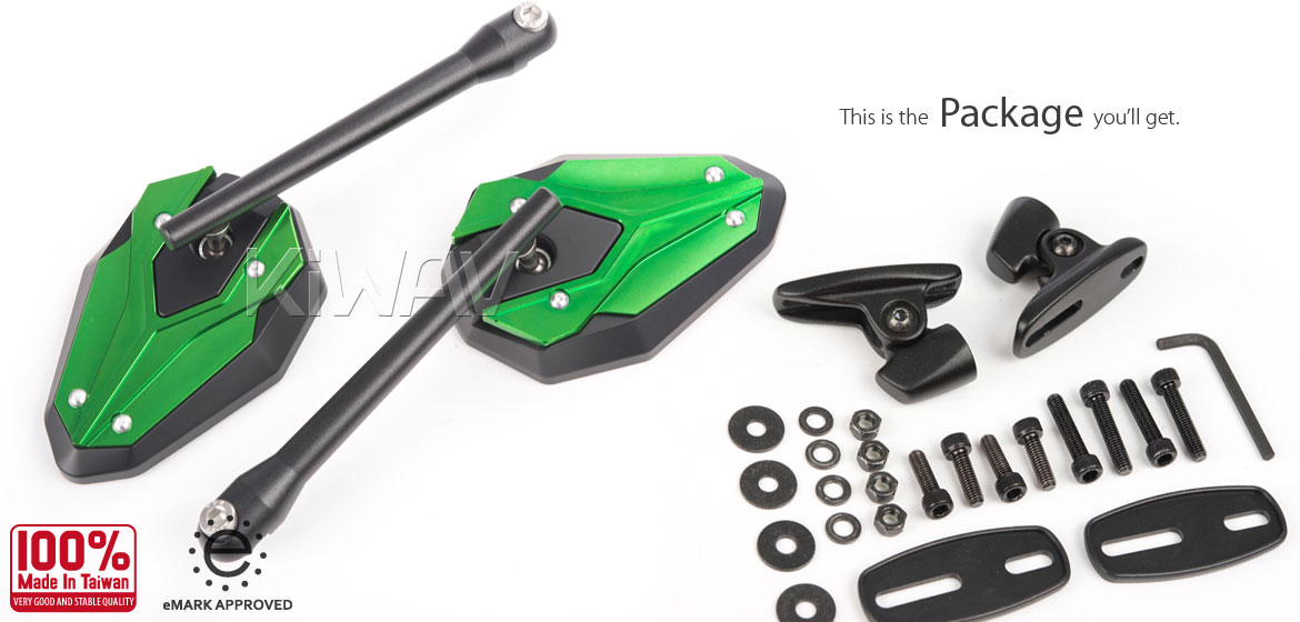 KiWAV motorcycle ViperII green fairing mount mirrors with black adapter for sportsbike