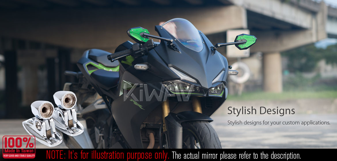 KiWAV motorcycle ViperII green fairing mount mirrors with chrome adapter for sportsbike