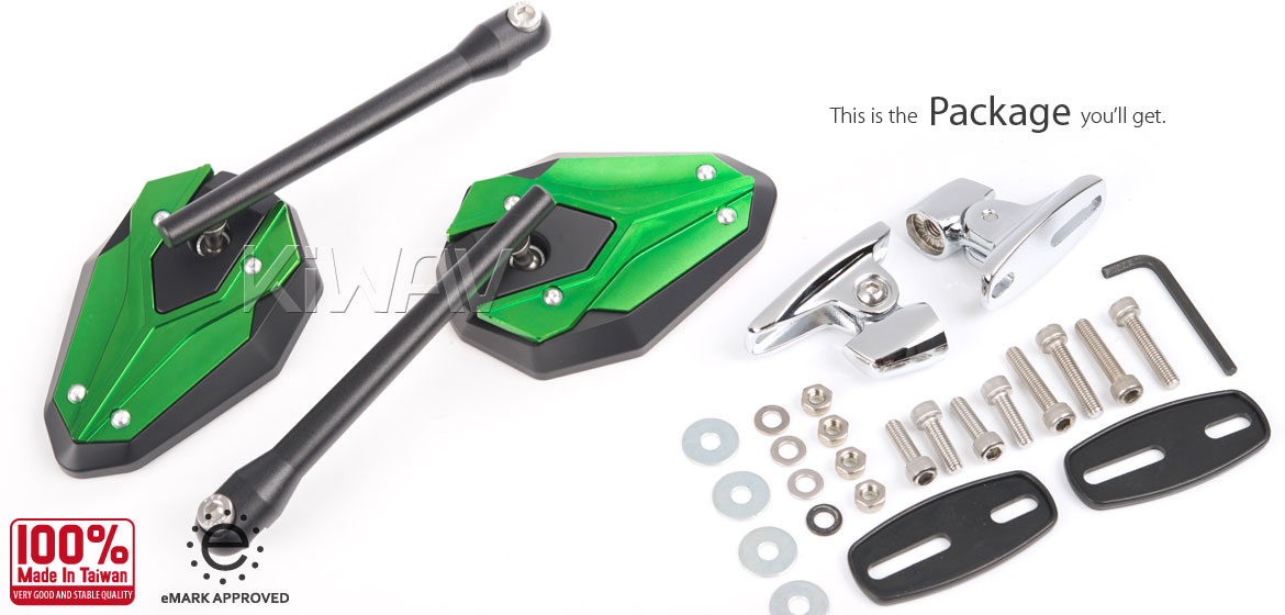 KiWAV motorcycle ViperII green fairing mount mirrors with chrome adapter for sportsbike