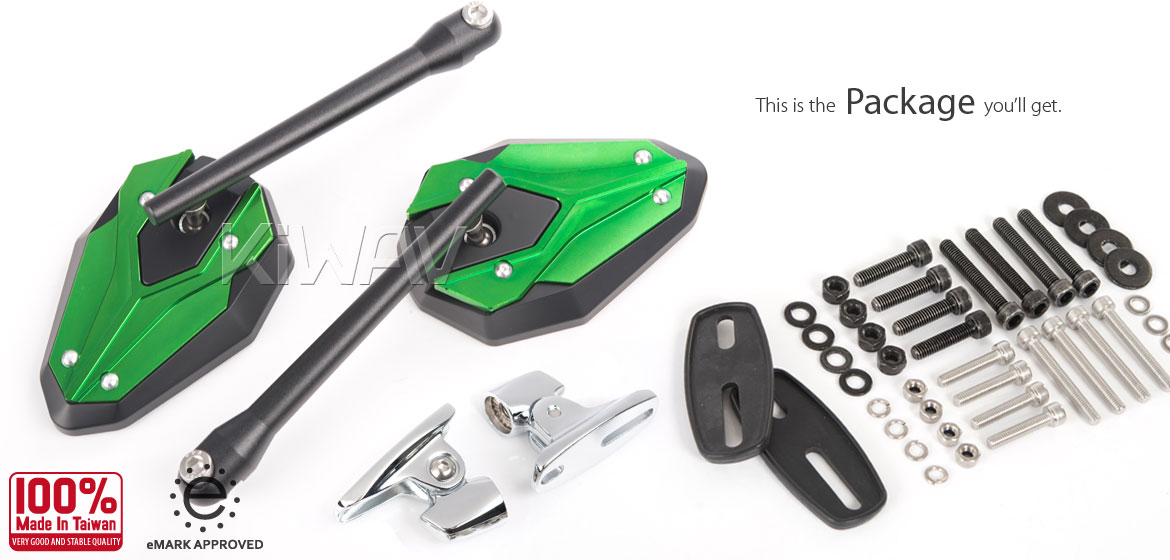 KiWAV motorcycle ViperII green fairing mount mirrors with chrome adapter for sportsbike