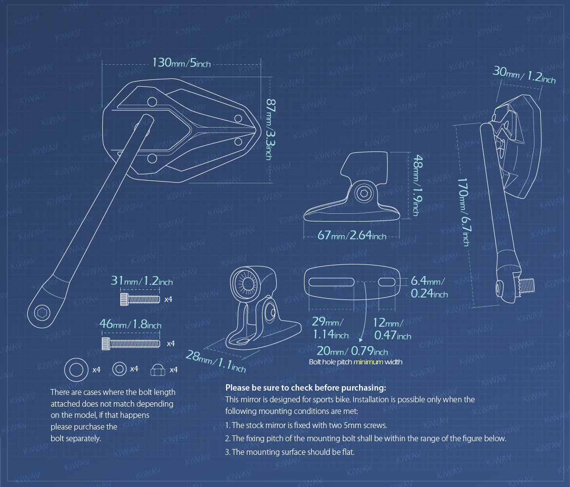 Measurement of KiWAV ViperII motorcycle mirrors for sportsbike