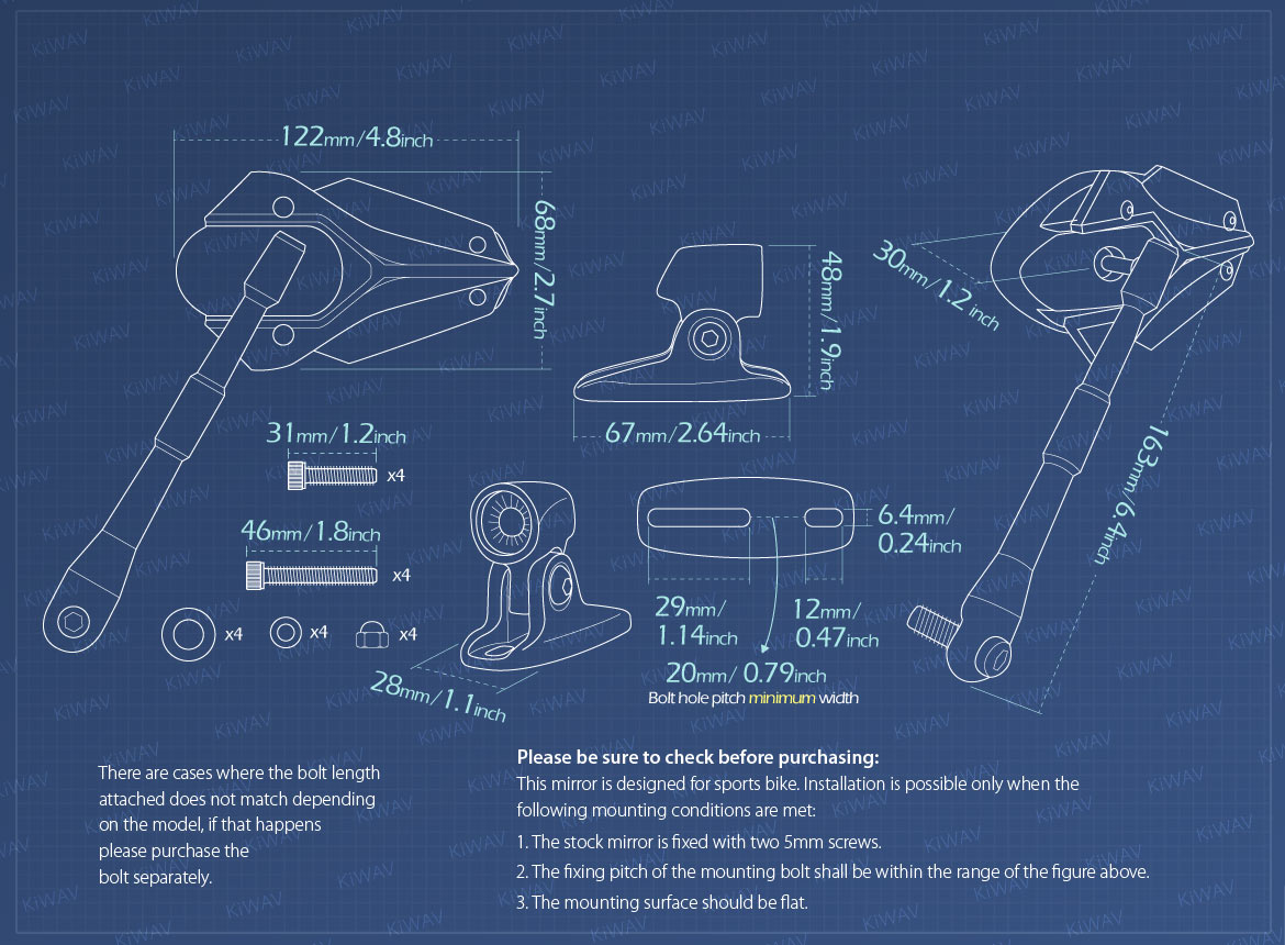 Measurement of KiWAV Viper motorcycle mirrors for most Ducati Panigale