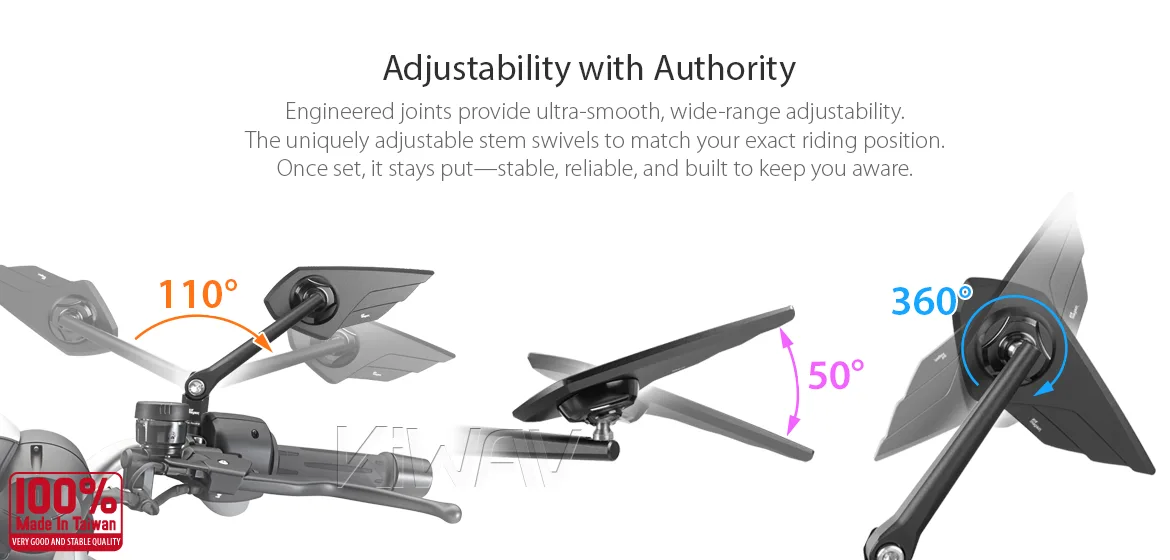 KiWAV motorcycle mirror Wisp compatible with Triumph 25mm handlebar and go-through mounts a piece left hand