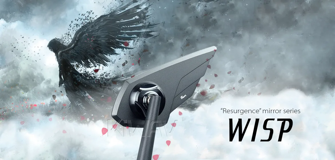 KiWAV motorcycle mirror Wisp compatible with Triumph 25mm handlebar and go-through mounts a piece left hand