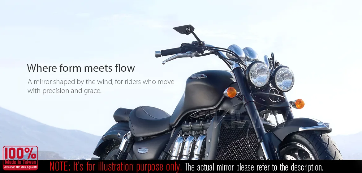 KiWAV motorcycle mirror Wisp compatible with Triumph 25mm handlebar and go-through mounts a piece right hand