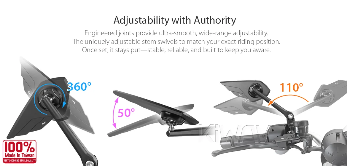 KiWAV motorcycle mirror Wisp compatible with Triumph 25mm handlebar and go-through mounts a piece right hand