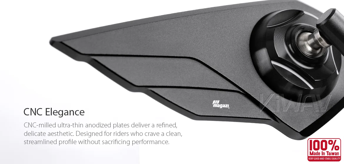 KiWAV motorcycle mirror Wisp compatible with Triumph 25mm handlebar and go-through mounts a piece right hand