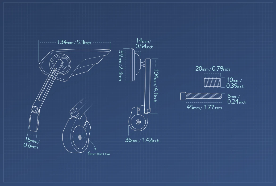 Measurement of KiWAV motorcycle bar end mirror Wisp left hand compatible with BMW M10 threaded handlebar