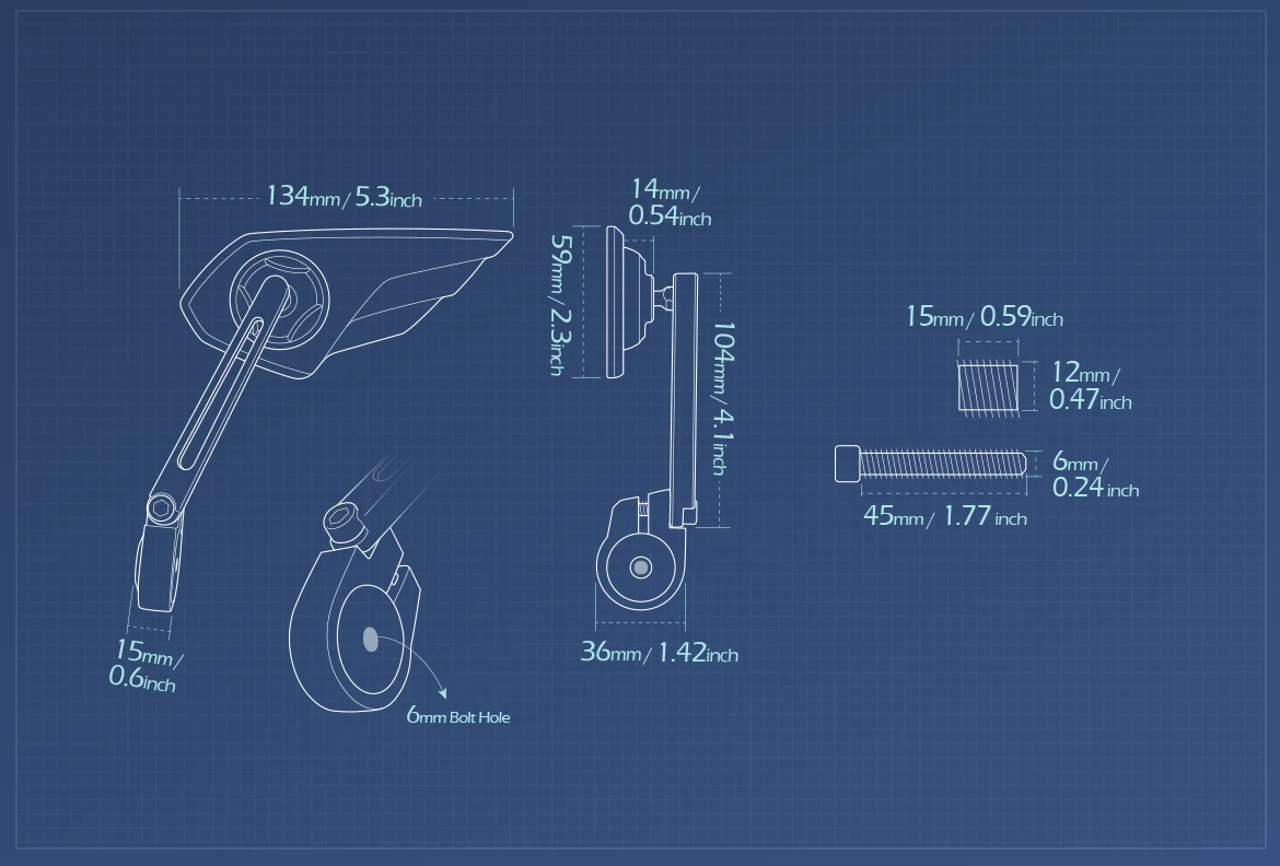 Measurement of KiWAV motorcycle bar end mirror Wisp left hand compatible with BMW M12 threaded handlebar