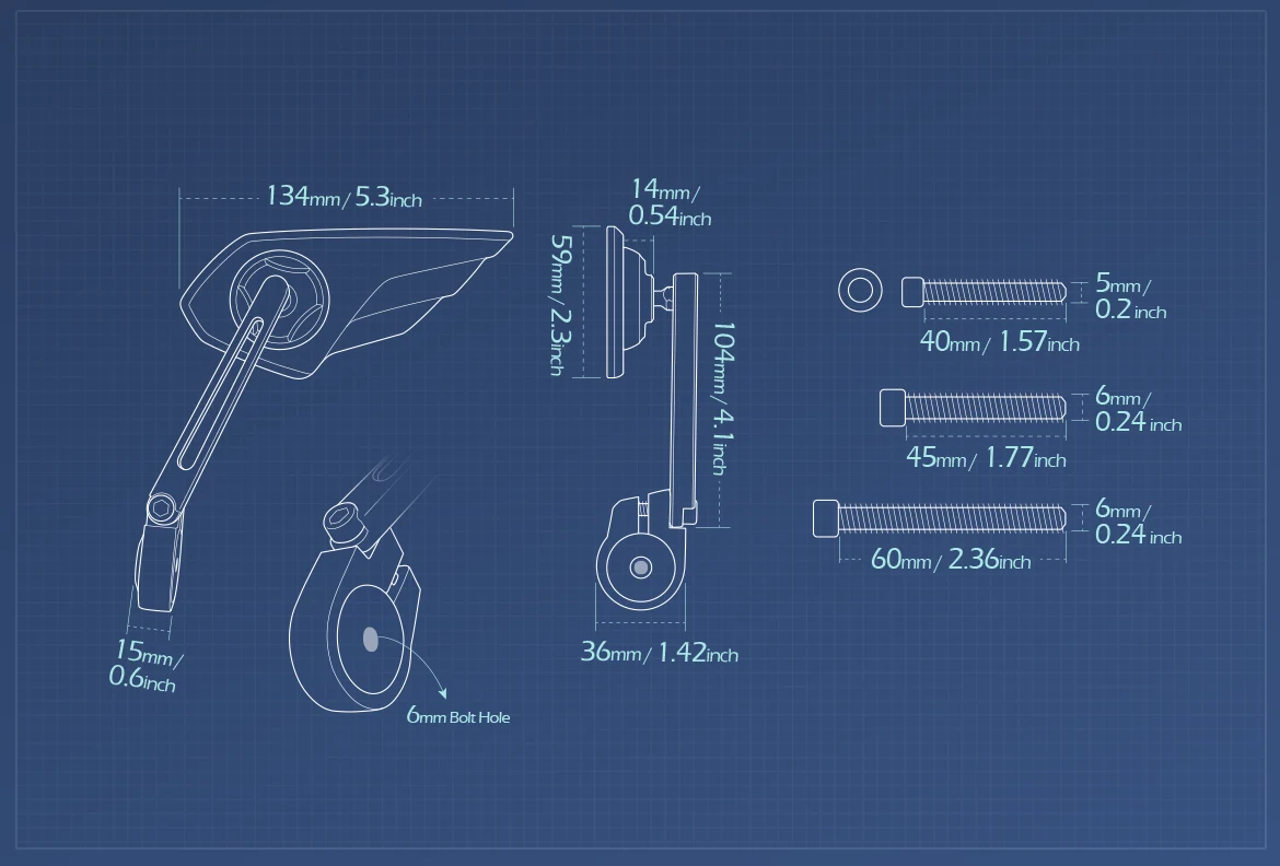 Measurement of KiWAV motorcycle bar end mirror Wisp left hand compatible with Triumph air-cooled models