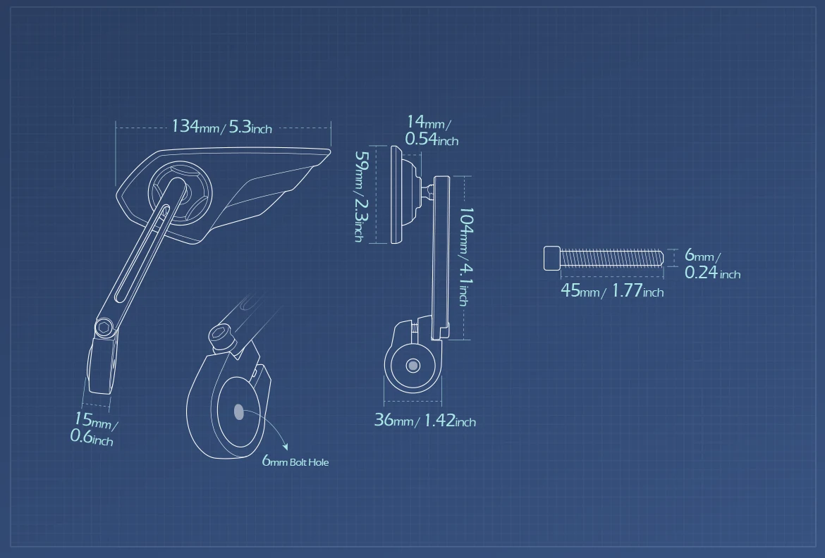 Measurement of KiWAV motorcycle bar end mirror Wisp left hand for M6 threaded handlebars
