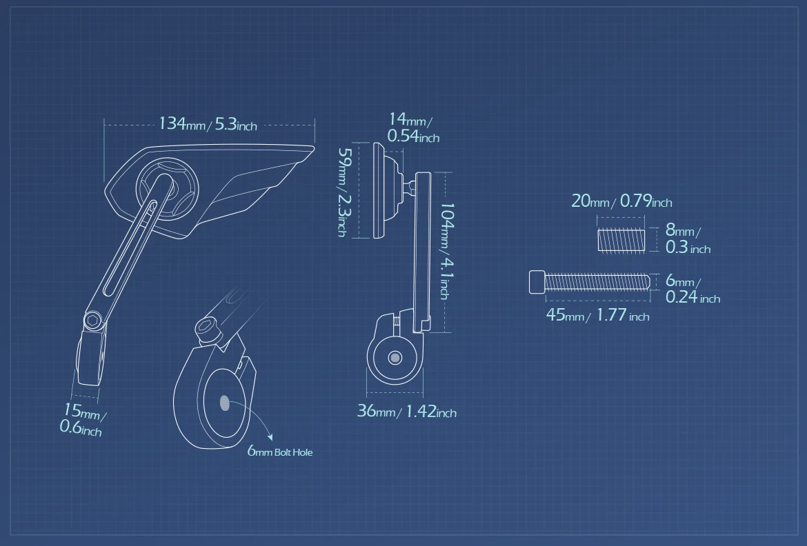 Measurement of KiWAV motorcycle bar end mirror Wisp left hand compatible with BMW M8 threaded handlebar