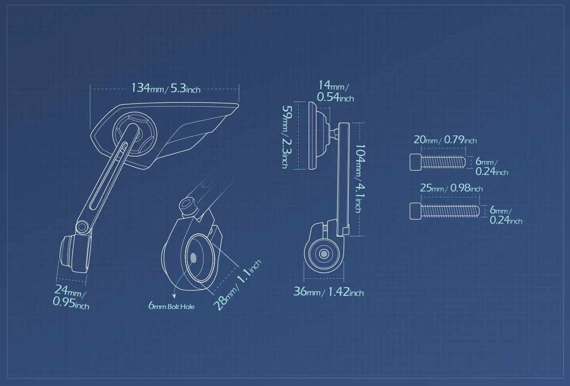 Measurement of KiWAV motorcycle bar end mirror Wisp left hand compatible with Triumph water-cooled models