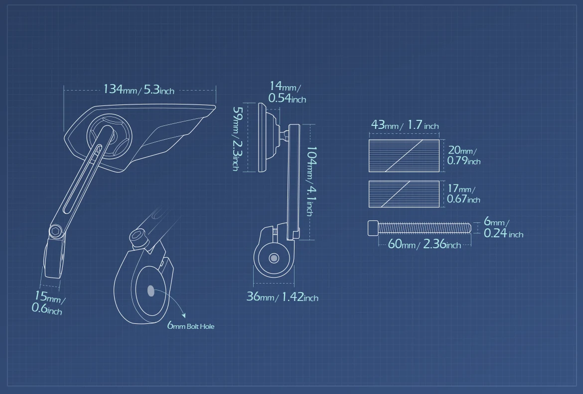 Measurement of KiWAV motorcycle bar end mirror Wisp left hand for 1 & 1-1/4 inch hollow hollow end handlebars