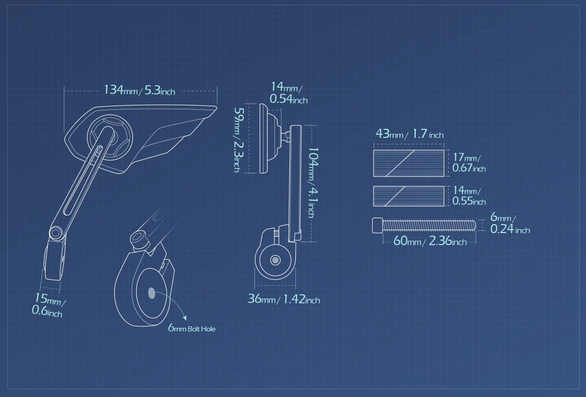 Measurement of KiWAV motorcycle bar end mirror Wisp left hand for 7/8 inch hollow end handlebars