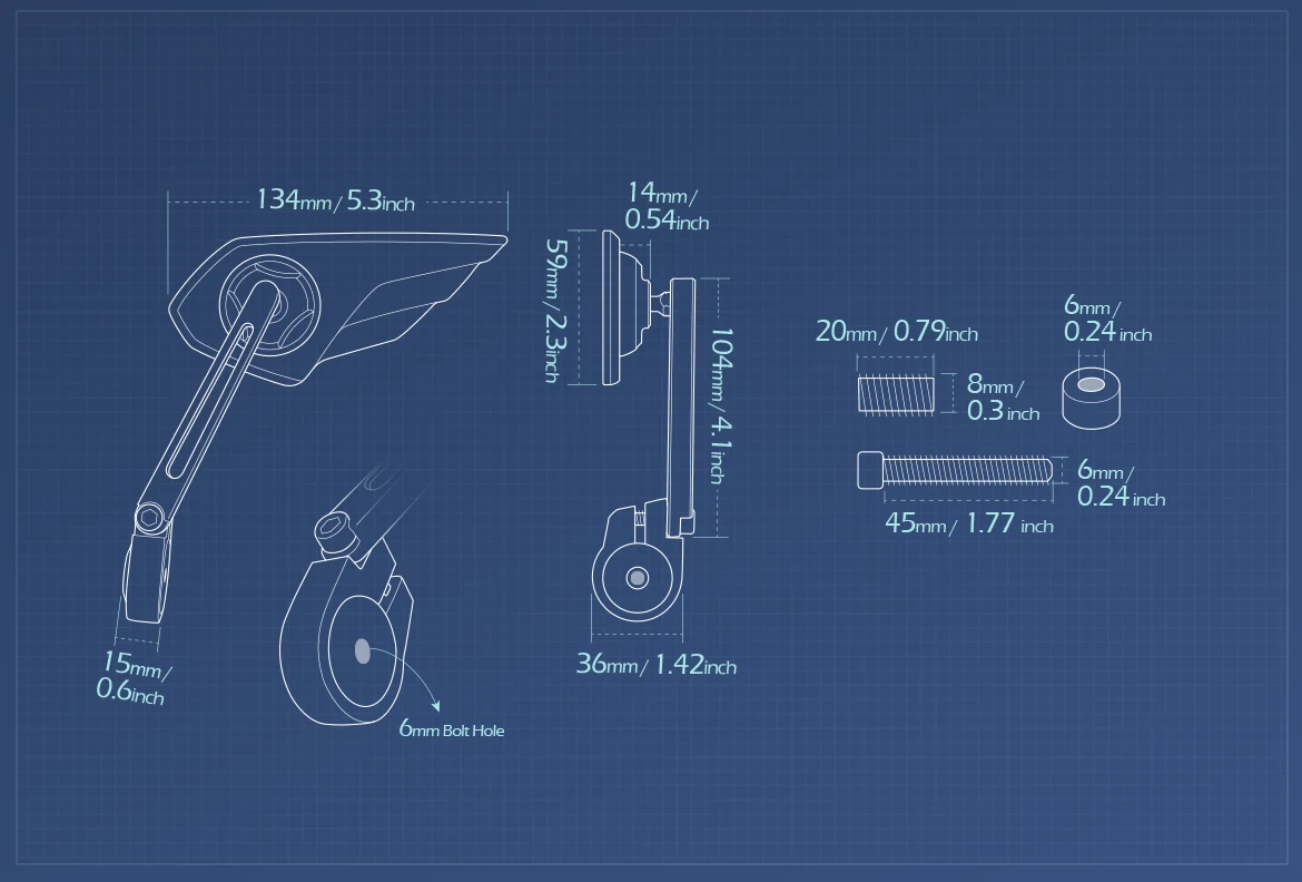 Measurement of KiWAV motorcycle bar end mirror Wisp left hand compatible with Indian Scout Bobber