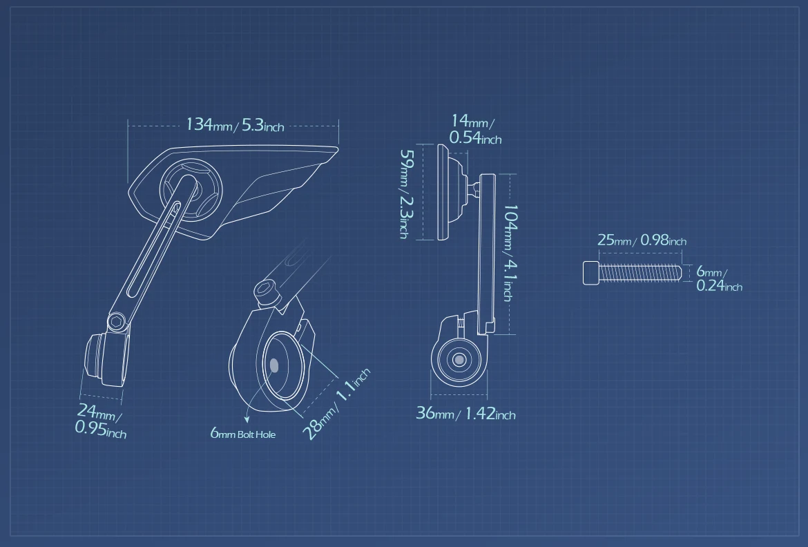 Measurement of KiWAV motorcycle bar end mirror Wisp left hand compatible with Moto Guzzi