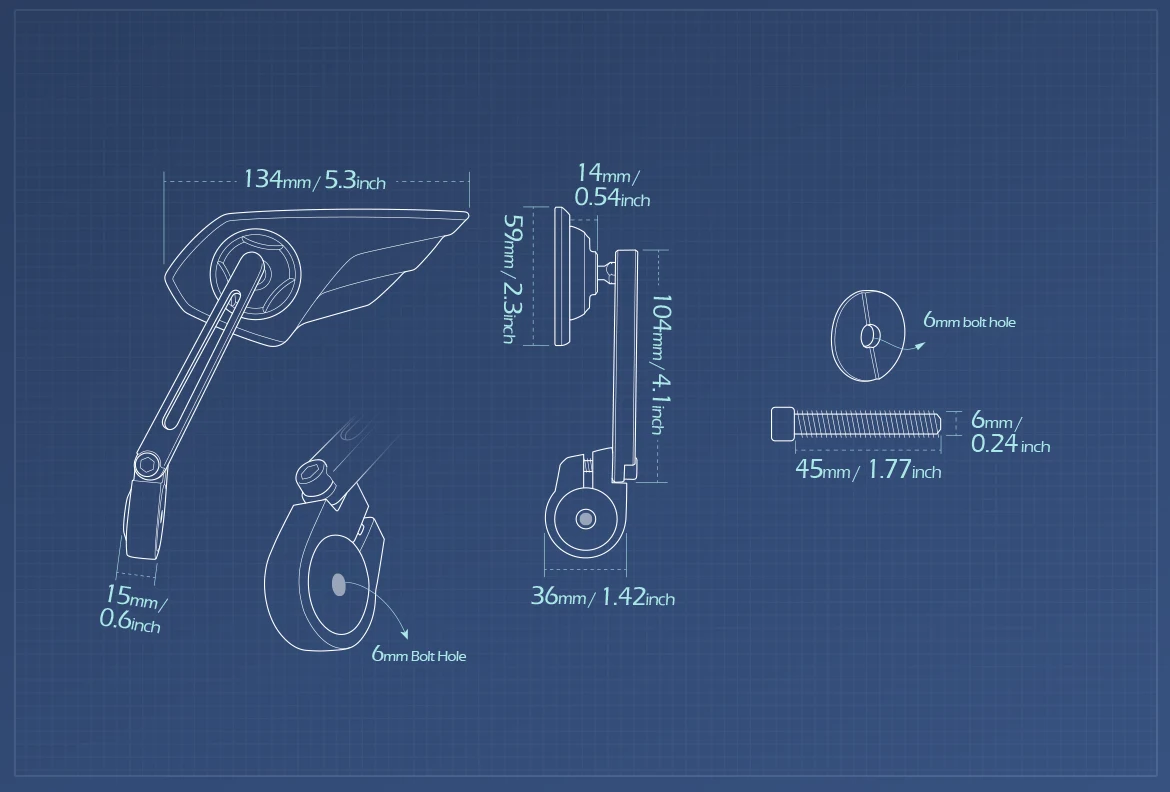 Measurement of KiWAV motorcycle bar end mirror Wisp left hand compatible with Royal Enfield Interceptor 650