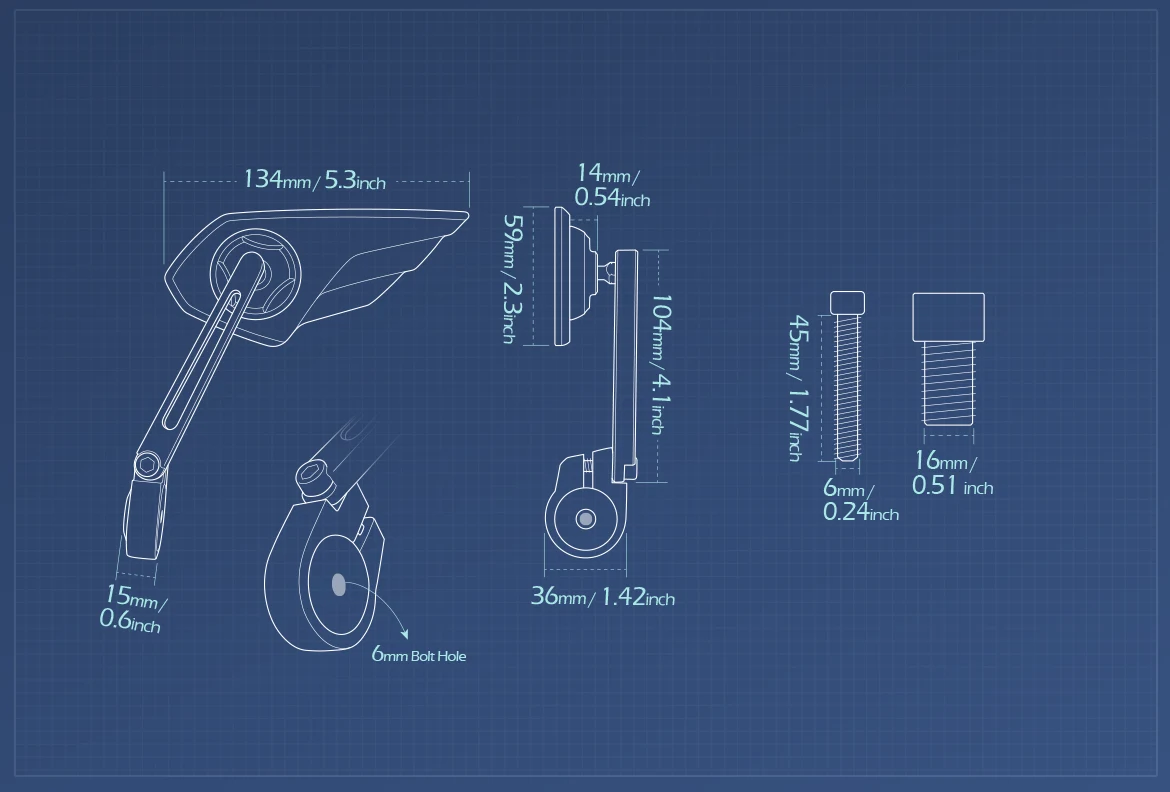 Measurement of KiWAV motorcycle bar end mirror Wisp left hand compatible with Yamaha M16 threaded handlebars