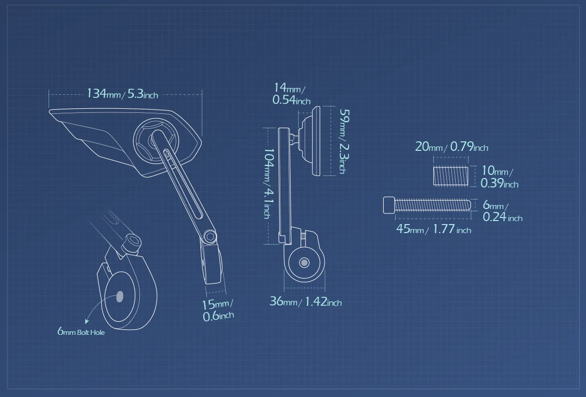 Measurement of KiWAV motorcycle bar end mirror Wisp right hand compatible with BMW M10 threaded handlebar